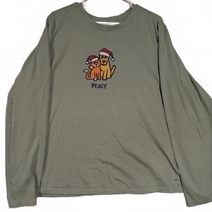 Life is Good Cute Long Sleeve Tee Santa Cat Dog Design Green 3XL 27x27 Christmas