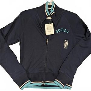 Guess Women's Zip-Up Jacket - Navy Blue with Aqua Accents Deadstock Size Medium