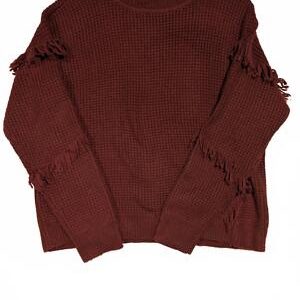 Michael Kors Women's Large Cozy Fringed Waffle Knit Sweater - Burgundy