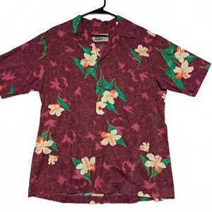 Hilo Hatties Vintage Floral Hawaiian Shirt Paper Tag Size Large Red