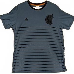Adidas Striped Tee Shirt Blue Logo Patch Crew Neck Casual Men's XL
