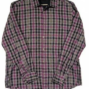 Alfani Modern Fit Plaid Button Down Shirt Purple Gray Checkered Mens XL