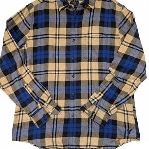 American Eagle Classic Fit Plaid Flannel Shirt - Blue & Tan Mens Large