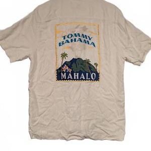 Tommy Bahama Mahalo Hawaiian Shirt Volcano Embroidered Back Cream Mens Medium