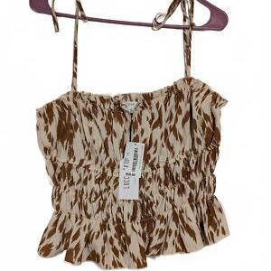 LUCCA Smocked Crop Top in Brown and Cream Polyester Medium