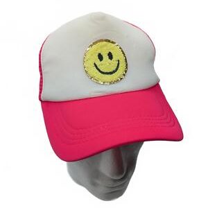 Smiley Face Baseball Hat Cap Glittery Sparkly Pink White OSFA Snapback Trucker