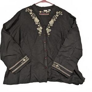 Emma James Womens Elegant Embroidered Beaded Button-Up Blouse Navy 24W