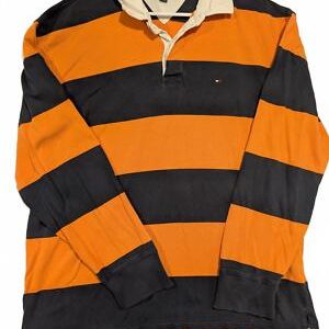 Tommy Hilfiger Rugby Shirt XL Orange Navy Striped Long Sleeve Mens
