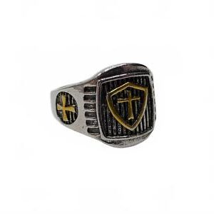 Silver and Gold Accented Holy Cross Shield Ring Mens Size 10 Stainless Steel