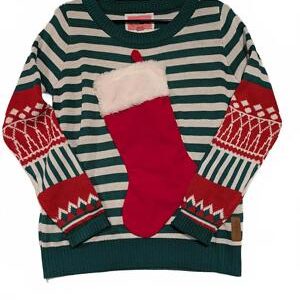 Tipsy Elves Festive Striped Christmas Sweater with Stocking Attached Womens Med