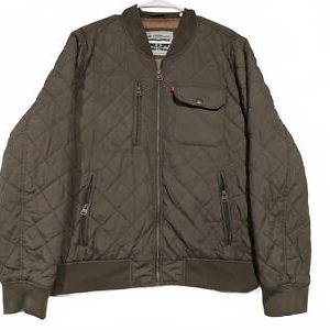 Levi Strauss Quilted Olive Green Bomber Jacket Full Zip Nylon Mens Large 25x27