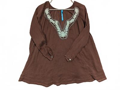 Free People Boho Chic Brown Tunic Top with Embroidery XS TP