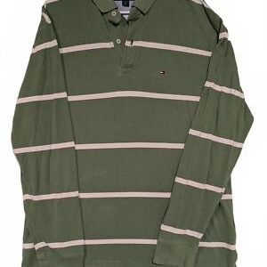 Tommy Hilfiger Green Striped Long Sleeve Polo Shirt Mens XL