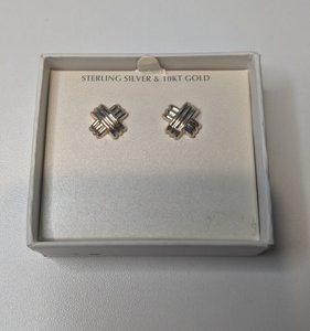 Womens Stud Earrings X Shape Sterling Silver & 10KT Gold