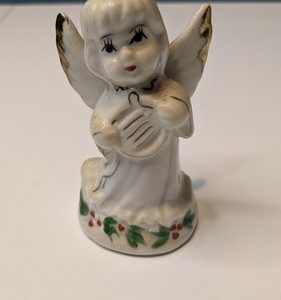 Vintage Angel Cherub Ceramic Figure Holly Berries Harp Gold