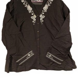 Emma James Chic Embroidered Button-Down Top Blouse Black Womens 3XL 23W
