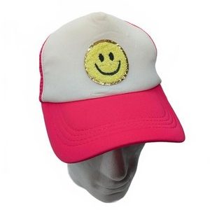 Smiley Face Baseball Hat Cap Glittery Sparkly Pink White OSFA Snapback Trucker