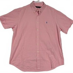 Ralph Lauren Classic Fit Seersucker Pink Striped Short Sleeve Shirt Men XL