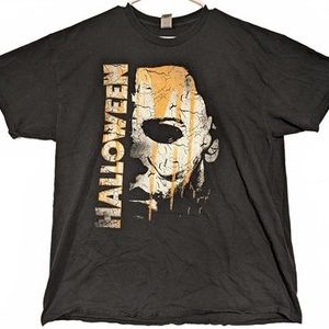 Halloween Michael Myers Cracked Mask Horror Graphic T-Shirt Black Mens XL