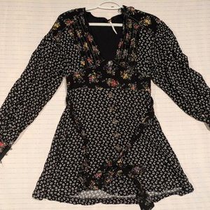 Free People Black Wonderland Mini Dress Boho Tunic Dress Small Floral
