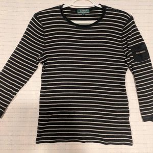 Lauren Ralph Lauren Long Sleeve Pocket Black White Striped Shirt Womens Small