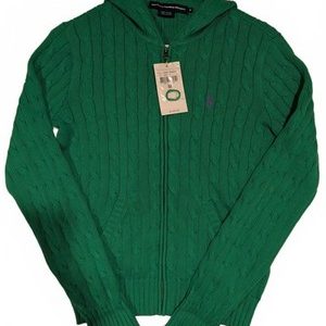Ralph Lauren Sport Cable Knit Green Hoodie Zip Up Sweater Womens Medium NWT