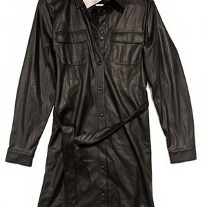Maurices Faux Leather Belted Button Shirt Dress Black Long Sleeve Womens Medium