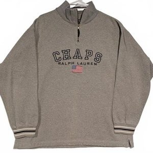 Chaps Ralph Lauren 1/4 Zip Pullover Gray Embroidered Flag Sweatshirt Mens Large
