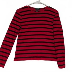 Lauren Ralph Lauren Red Black Striped Long Sleeve Cotton Shirt Womens Medium