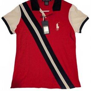 Ralph Lauren Golf Polo Shirt Big Pony Red Colorblock Striped Logo Womens Medium