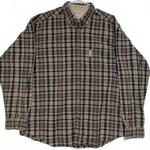 Columbia Sportswear Flannel Button Down Black Tan Plaid Shirt Mens XL