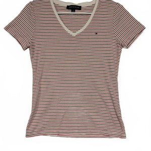 Tommy Hilfiger Classic Thin Stripe V-Neck Striped T-Shirt Womens Medium