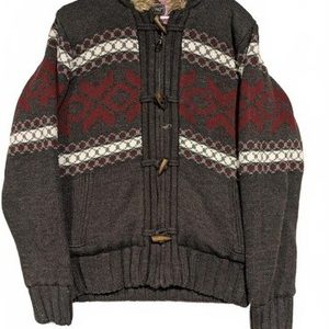 Buffalo David Britton Knit Hooded Sweater Faux Fur Trim Mens Large