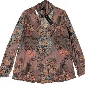 Tolani Floral Print Long Sleeve Blouse Neck Wrap Tie Choker Womens Small NWT
