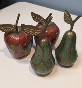 Vtg. Set Of 2 Brass,Red & Green Enamel Apple &Pear Paperweight/Decor. Mid 20th C