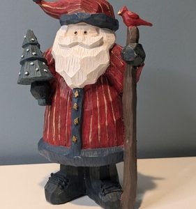 Folk Art Santa Figurine With Christmas Tree And Cardinal