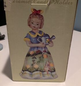 Tea Light Holder Ceramic Girl Painted Dress with Cats