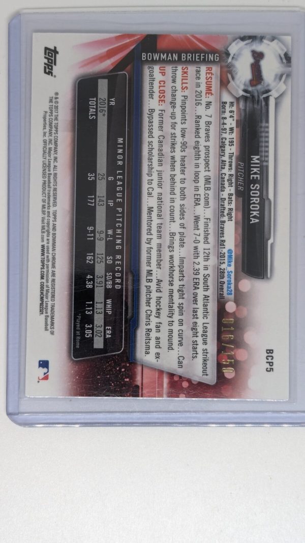 2017 Bowman Chrome BCP5 Mike Soroka Atlanta Braves /150 Rc - Image 2