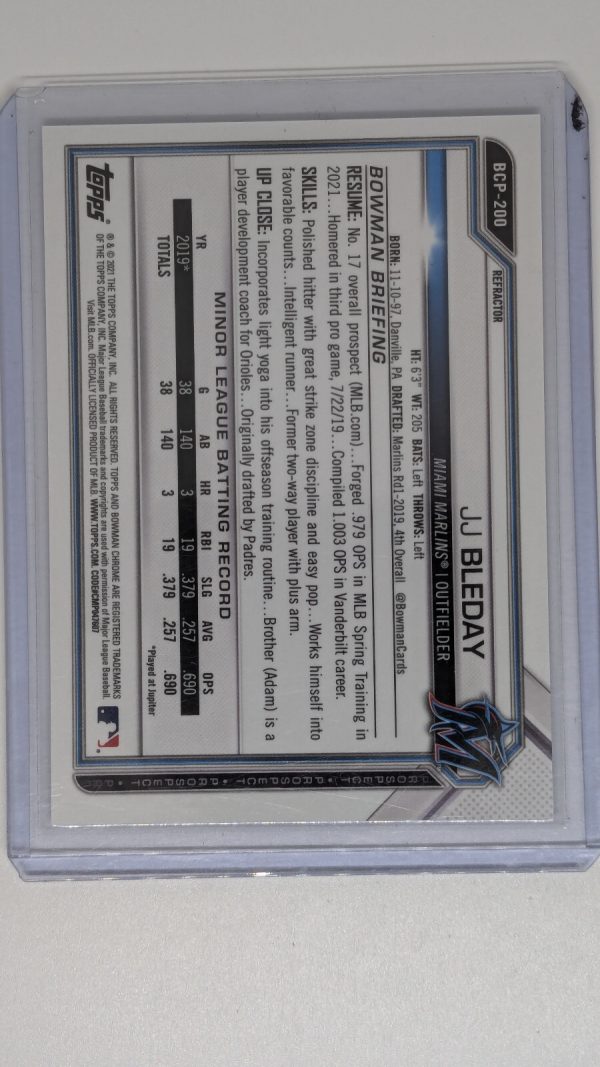 2021 Bowman Chrome JJ Bleday Prospect Refractor Parallel #499 Marlins - Image 2