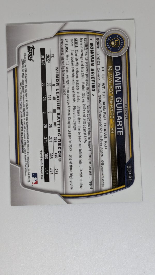 DANIEL GUILARTE * 2023 1ST BOWMAN CHROME SILVER REFRACTOR RC # 499 - Image 2