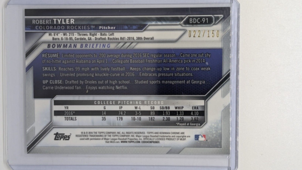 2016 Bowman 1st Robert Tyler BDC-91 /150 Refractor Rockies - Image 2