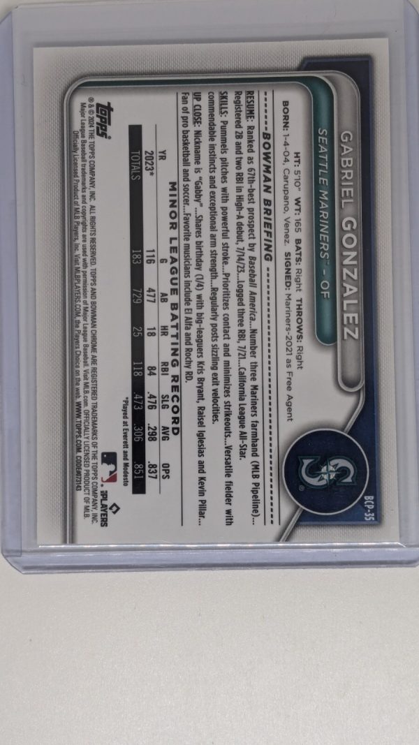 2024 Bowman Chrome Raywave Gabriel Gonzalez /399 Seattle Mariners - Image 2