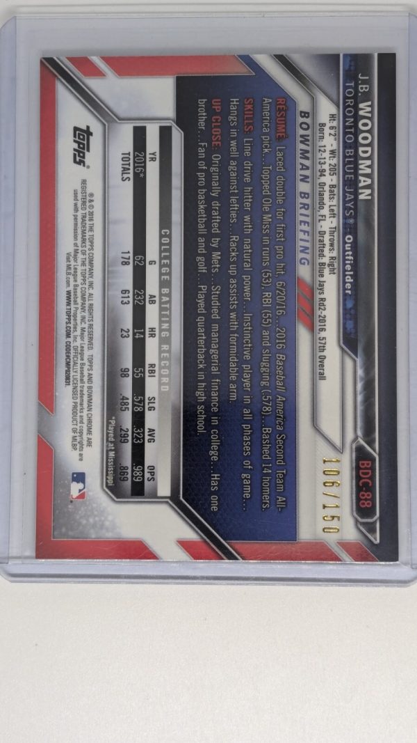 2016 bowman chrome 1st j.b. woodman blue refractor /150 - Image 2