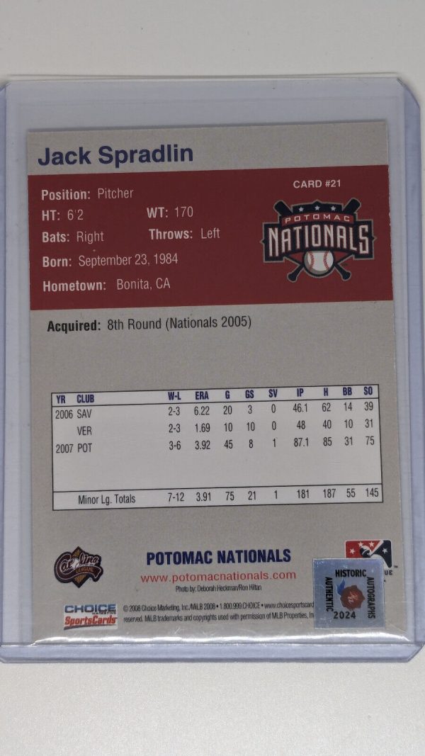 2008 Jack Spradlin Potomac Nationals #21 Choice 2008 Auto - Image 2