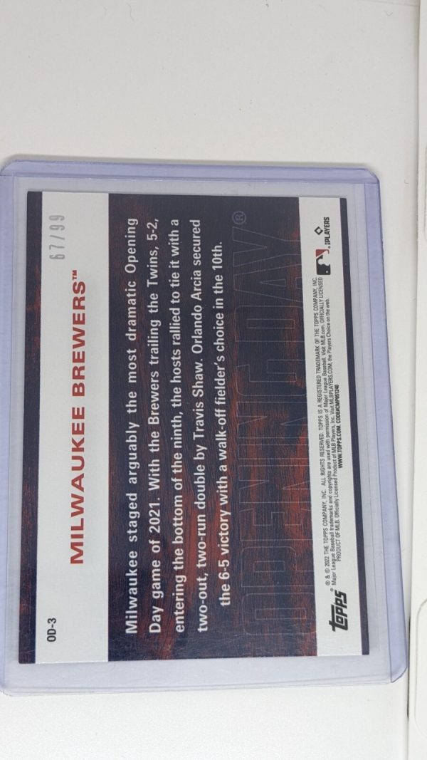 2022 Topps Opening Day Milwaukee Brewers Insert #OD-3 /99 - Image 2