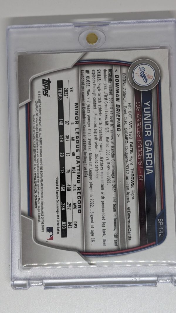 2023 Bowman Prospects Red Yunior Garcia # /5 1st Bowman - Image 2