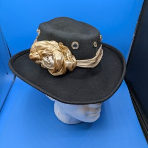 1980s Black Wool Womens Hat With Gold Band And Flower