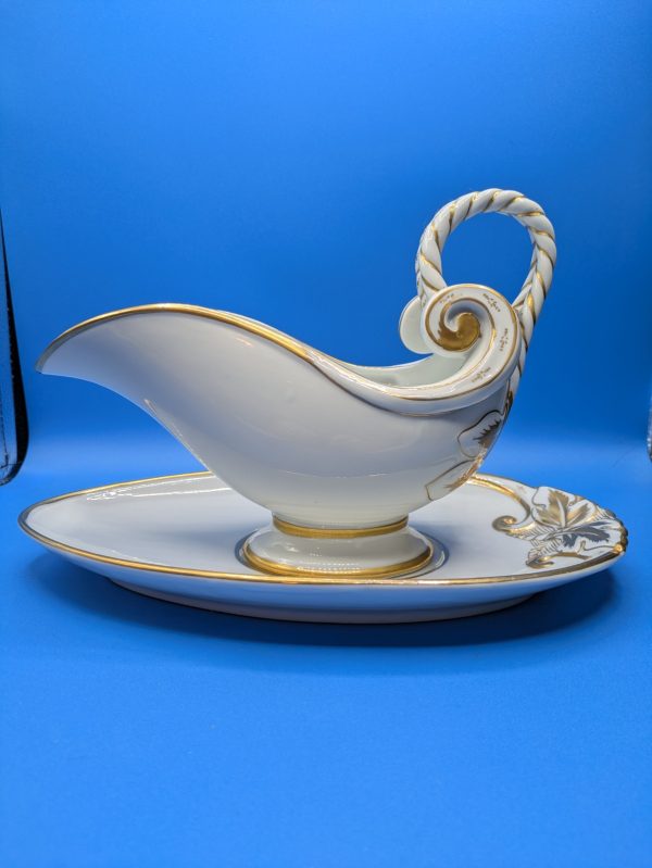 19th Century Large French White and Gold Porcelain Sauce Boat, Gravy Boat 6958