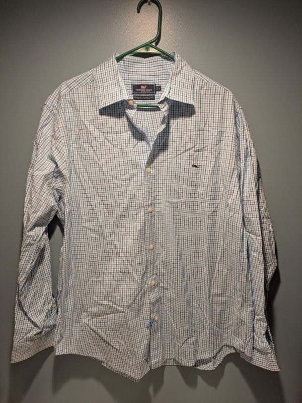 Vineyard Vines Whale Blue Check Button Long Sleeve Cotton Size Large