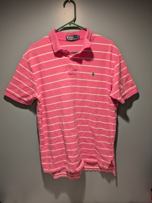 Vintage Polo By Ralph Lauren Pink/White Stripe Shirt Mens L Short Sleeve Rugby